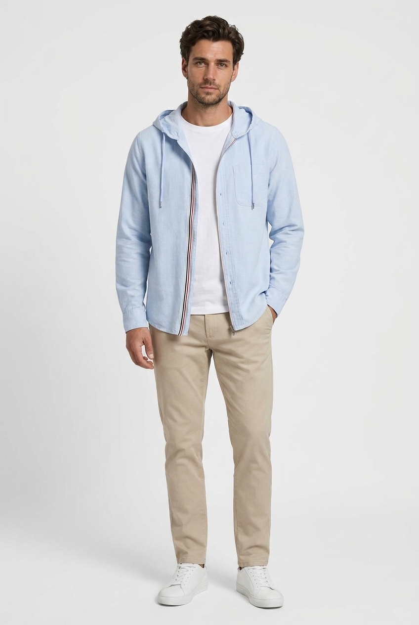 Oscar men's hooded shirt jacket in light blue, front view