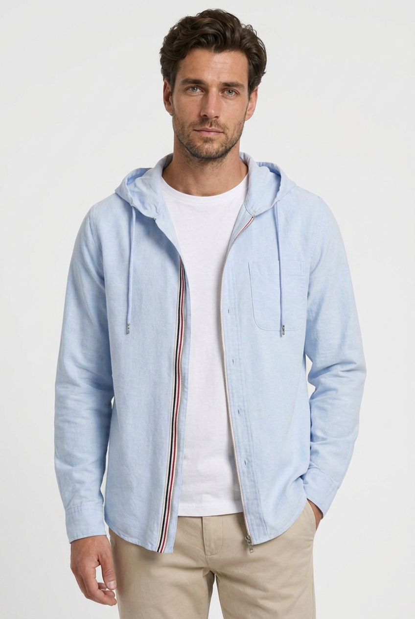Oscar men's hooded shirt jacket in light blue, closeup view