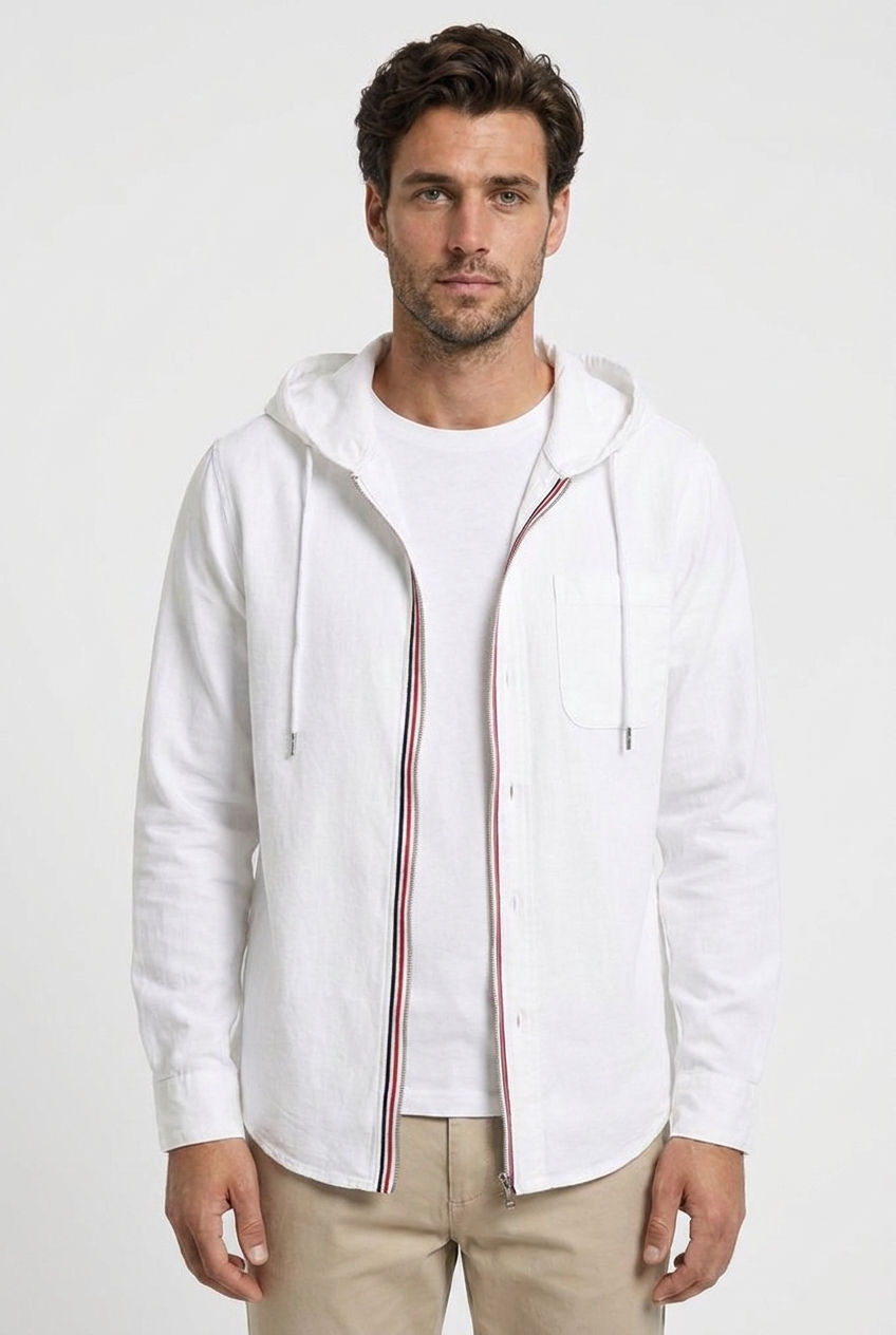 Oscar men's hooded shirt jacket in white, closeup view