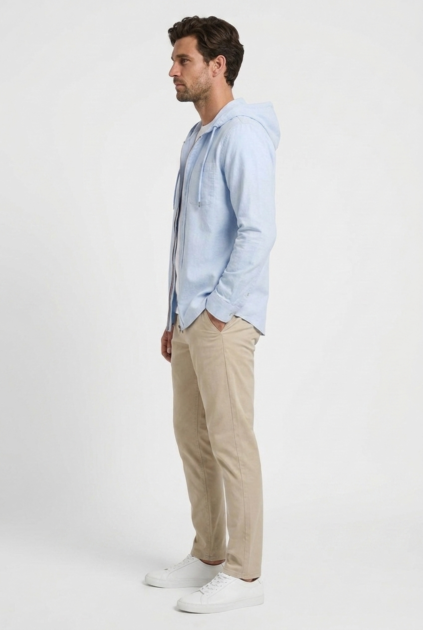 Oscar men's hooded shirt jacket in light blue, side view