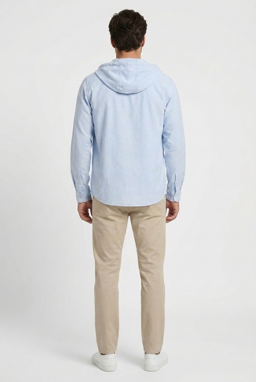Oscar men's hooded shirt jacket in light blue, back view
