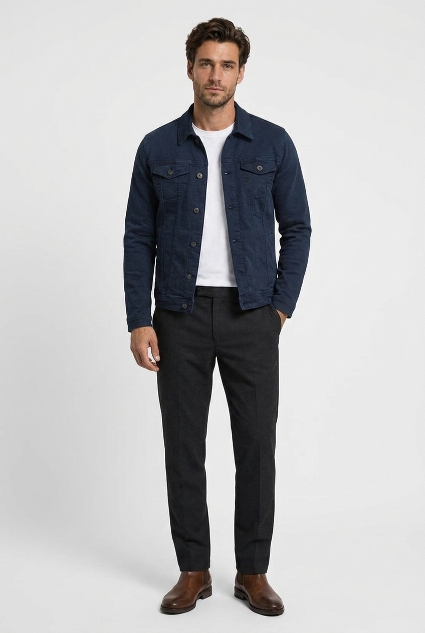 George men's trucker jacket in navy, front view