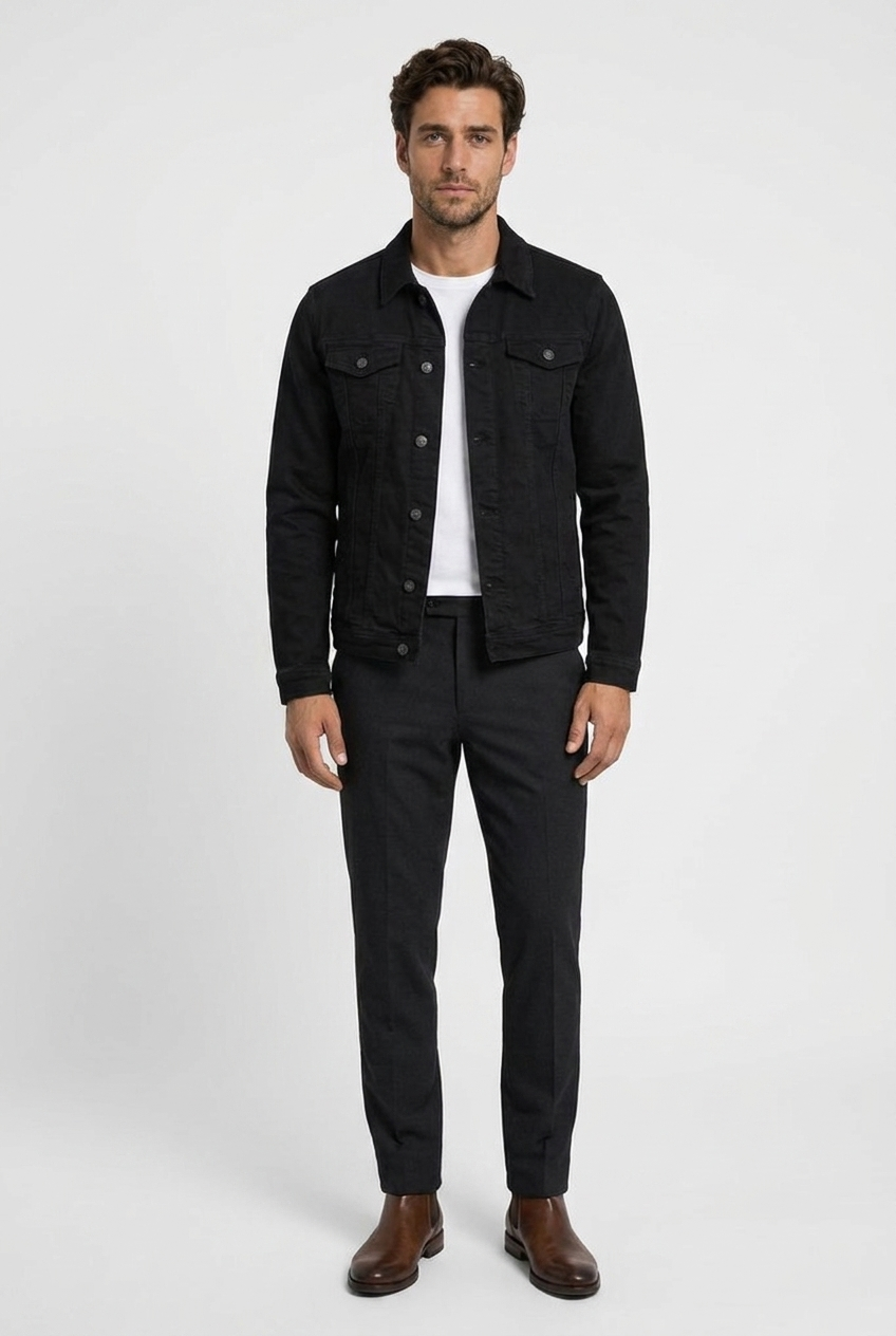George men's trucker jacket in black, front view