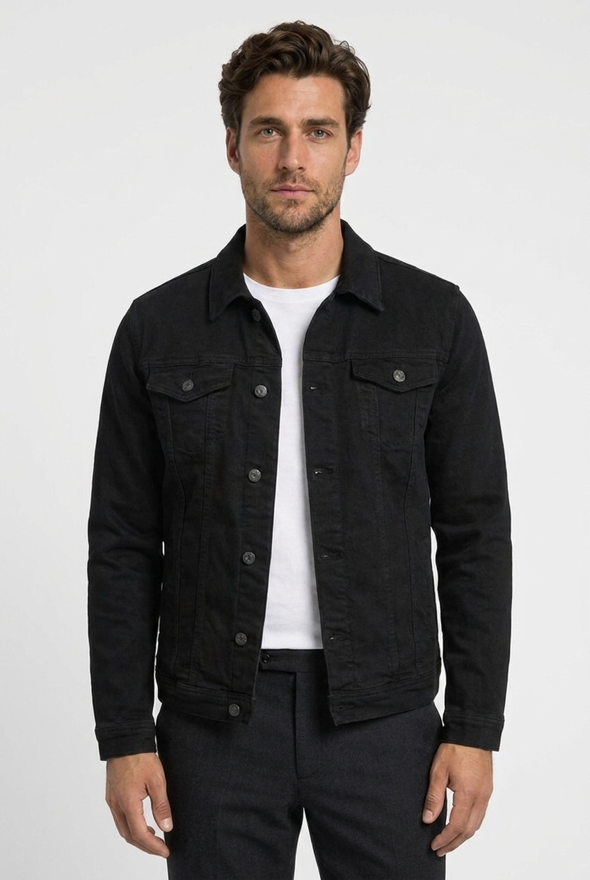 George men's trucker jacket in black, closeup view