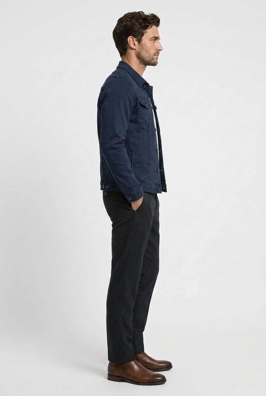 George men's trucker jacket in navy, side view