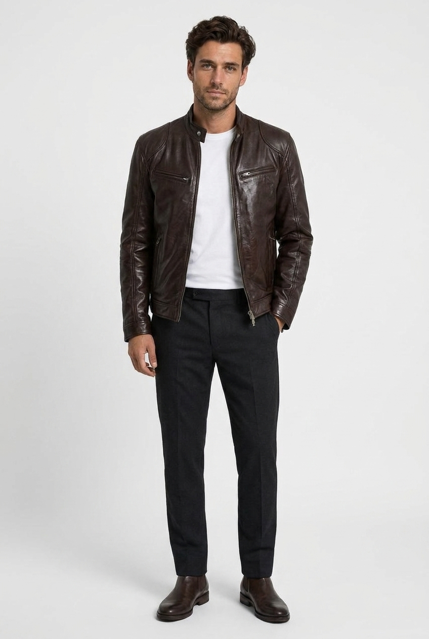 David men's leather biker jacket in brown, front view