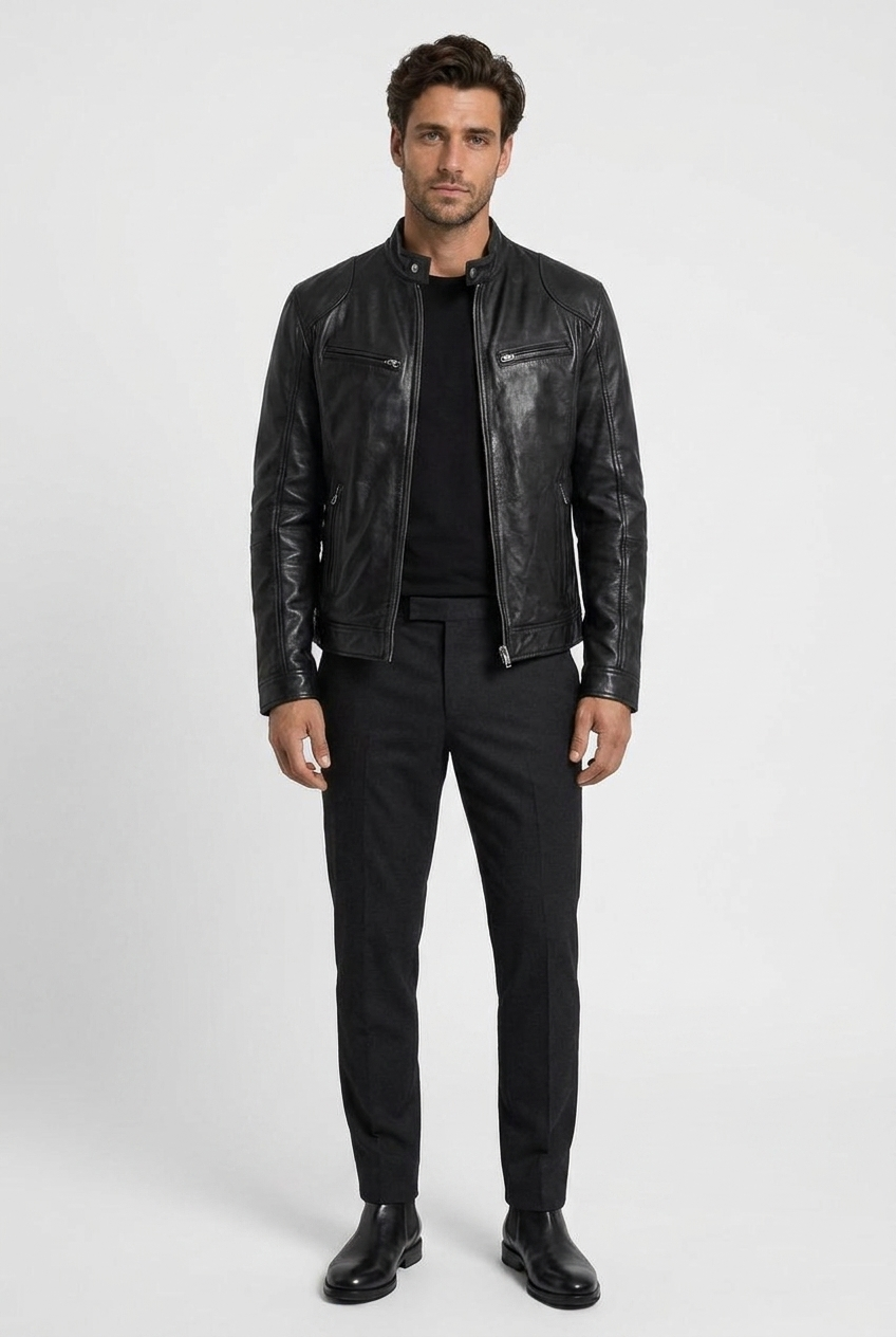 David men's leather biker jacket in black, front view
