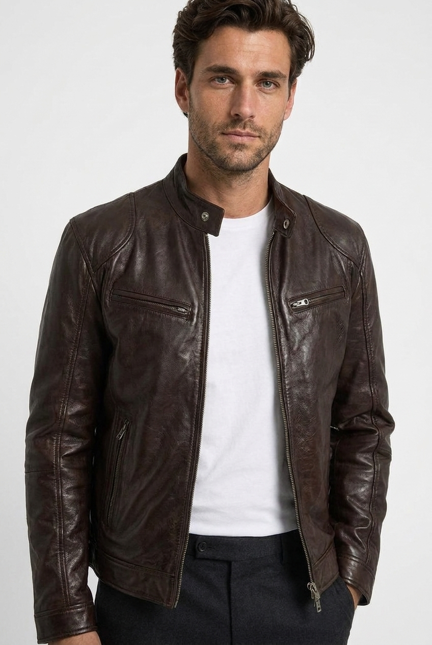 David men's leather biker jacket in brown, closeup view