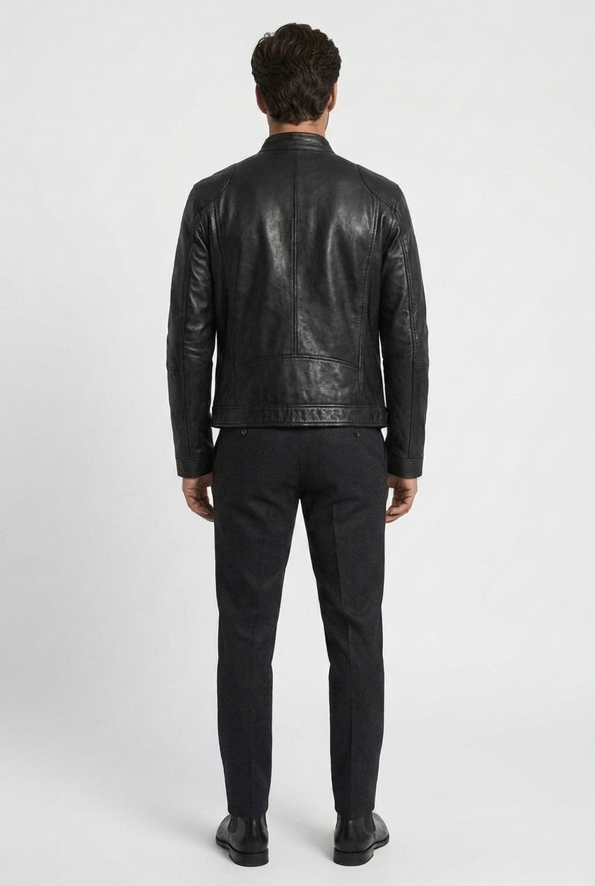 David men's leather biker jacket in black, back view