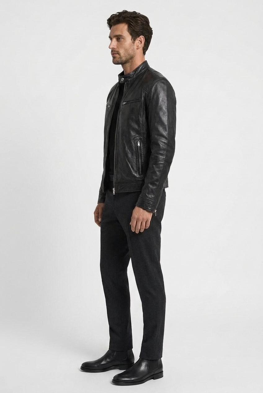 David men's leather biker jacket in black, side view