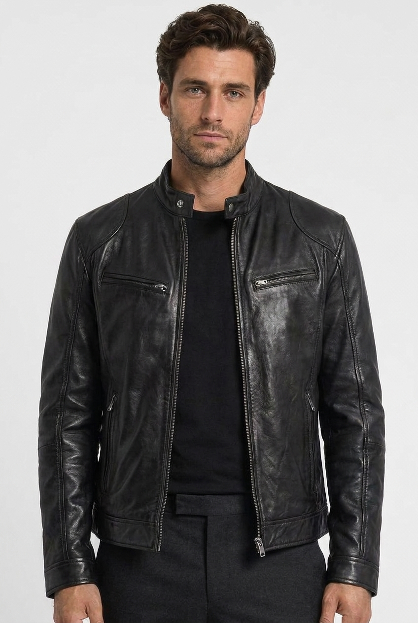 David men's leather biker jacket in black, closeup view