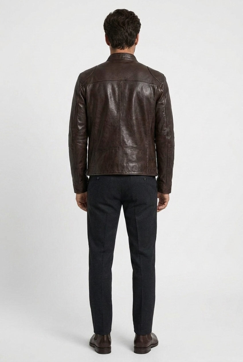 David men's leather biker jacket in brown, back view