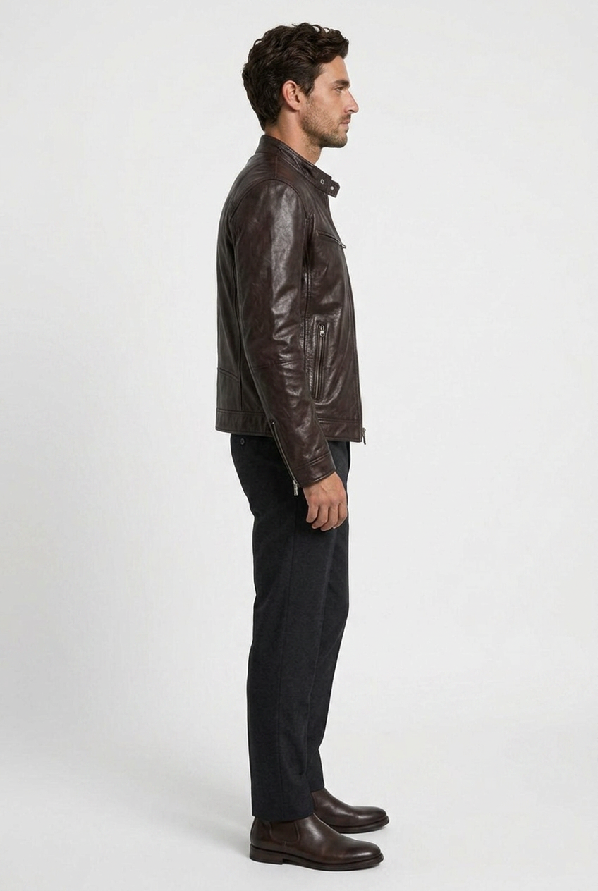 David men's leather biker jacket in brown, side view
