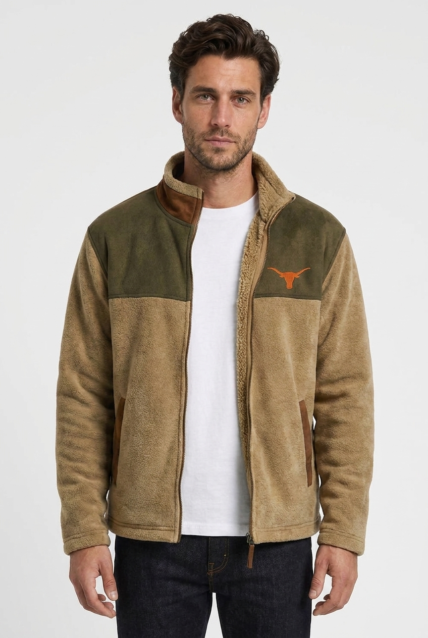 Noah men's western fleece jacket in camel, closeup view