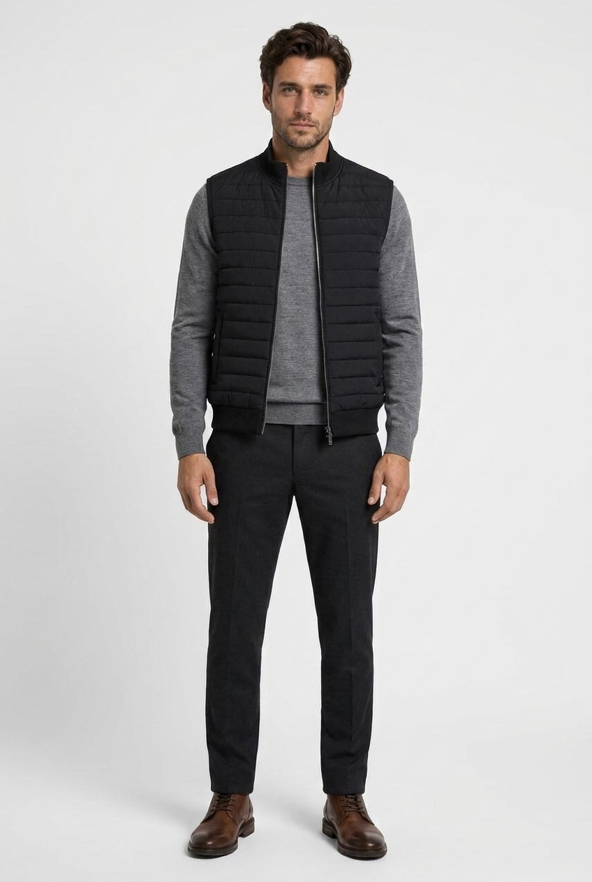 Theo men's quilted gilet body warmer in black, front view