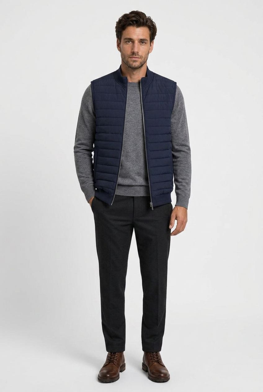 Theo men's quilted gilet body warmer in navy, front view