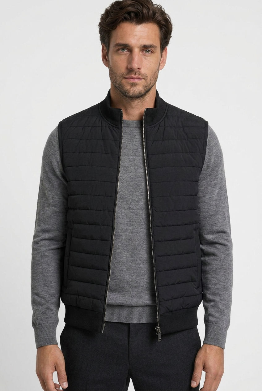 Theo men's quilted gilet body warmer in black, closeup view