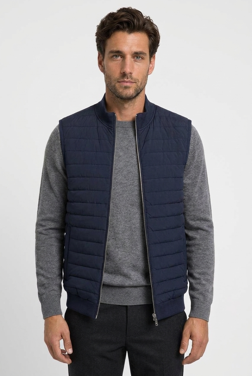 Theo men's quilted gilet body warmer in navy, closeup view