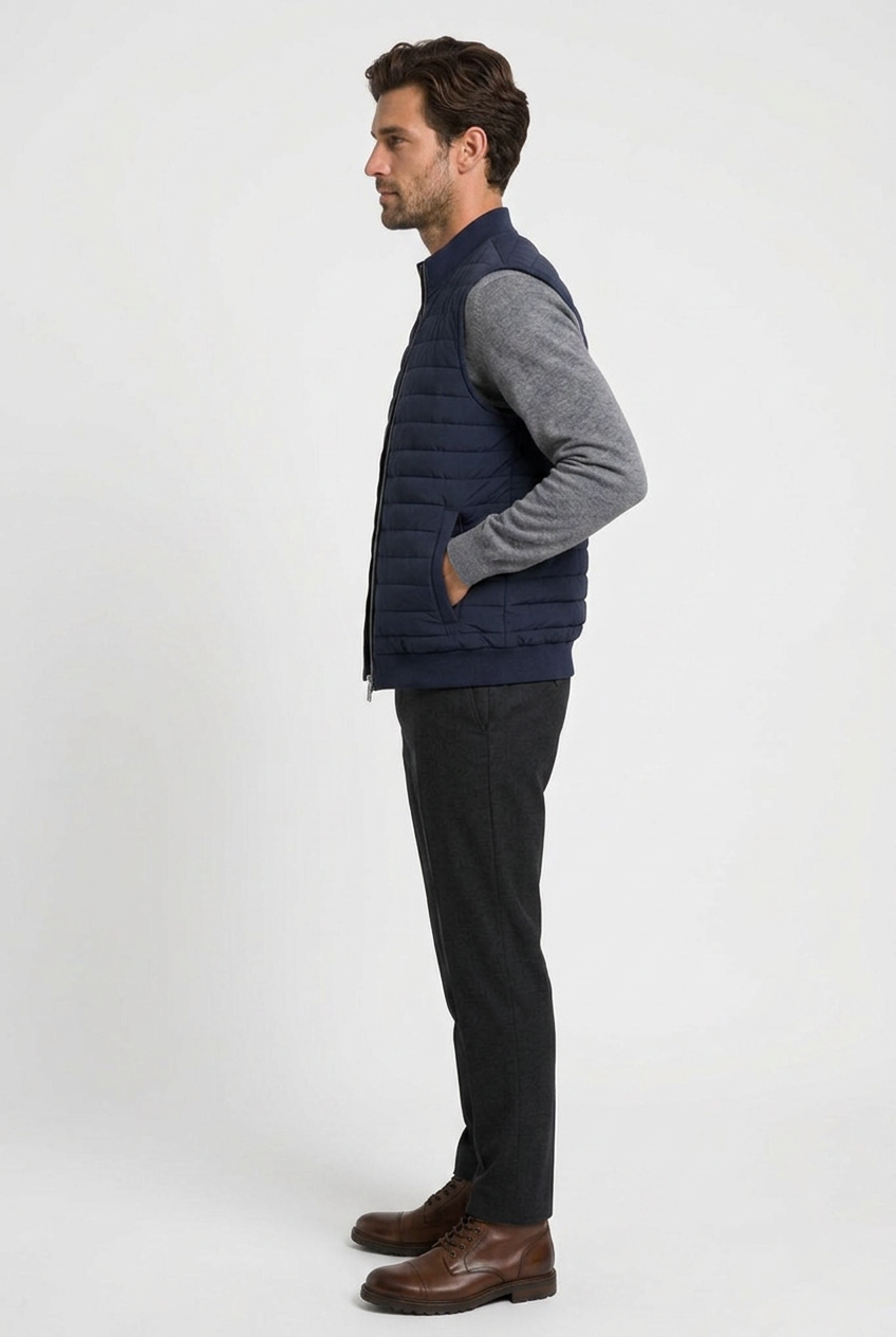 Theo men's quilted gilet body warmer in navy, side view