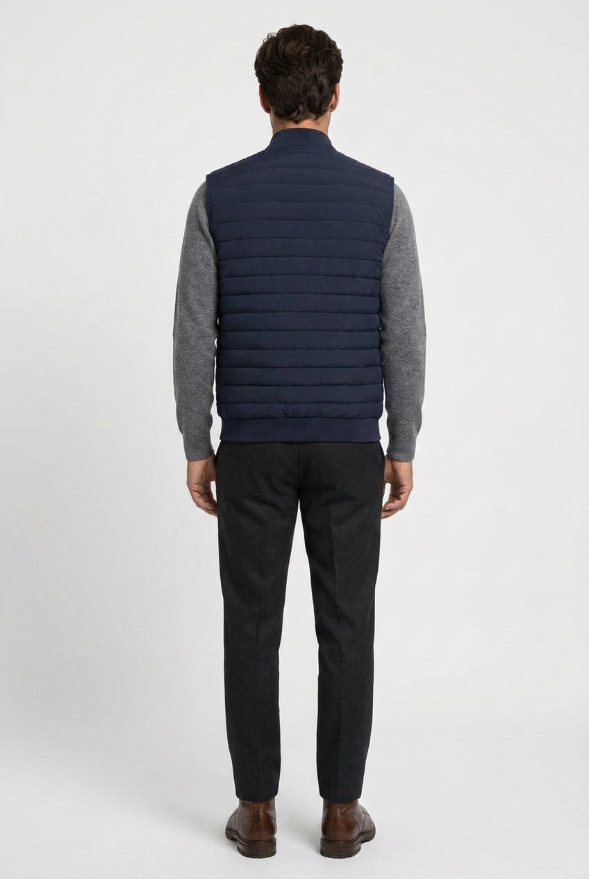 Theo men's quilted gilet body warmer in navy, back view