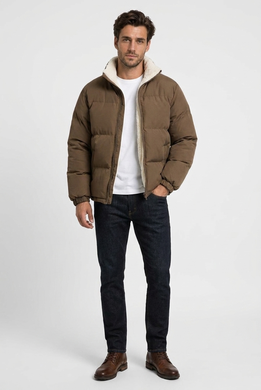 Arthur men's fleece-lined puffer jacket in brown, front view