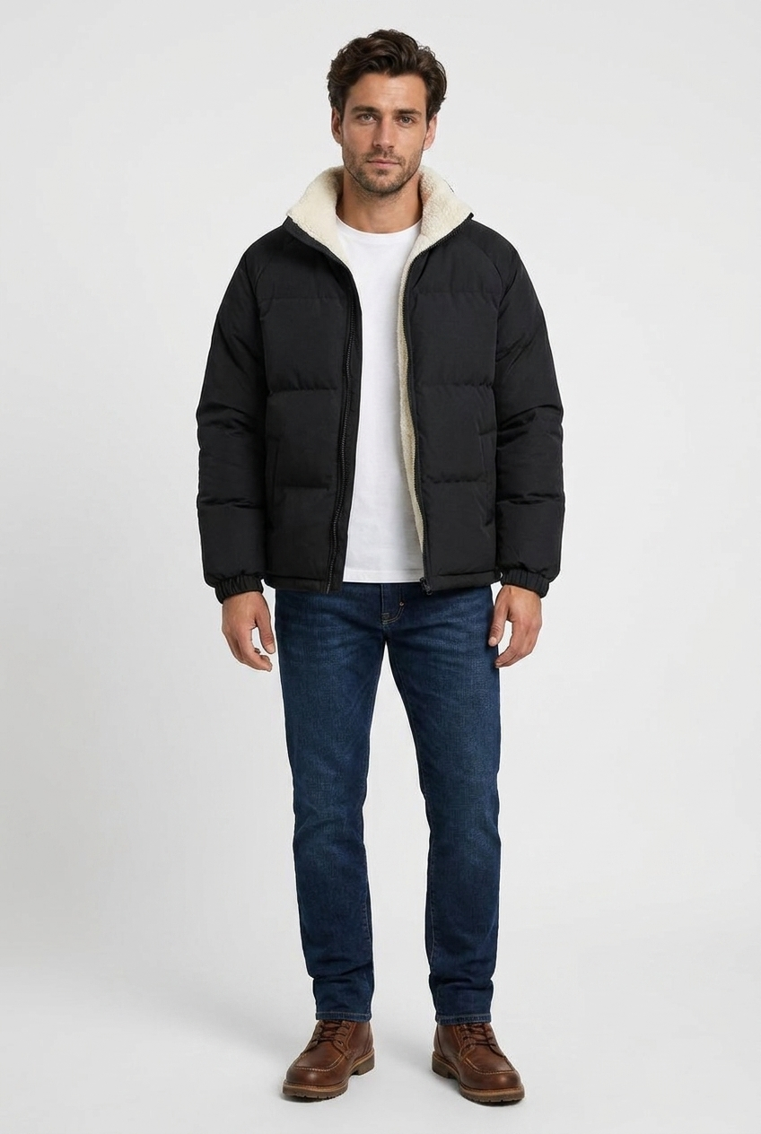 Arthur men's fleece-lined puffer jacket in black, front view