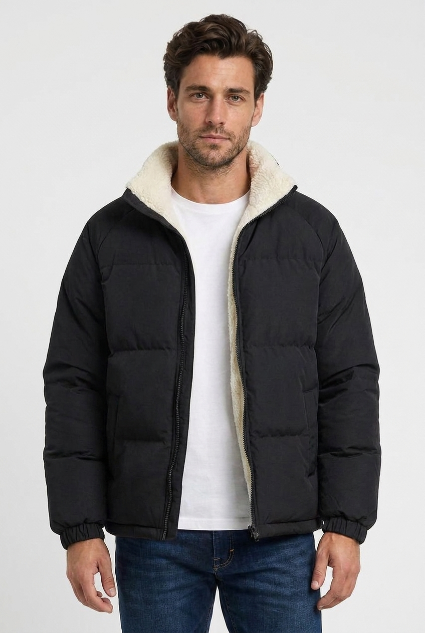 Arthur men's fleece-lined puffer jacket in black, closeup view