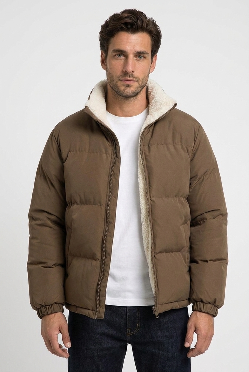 Arthur men's fleece-lined puffer jacket in brown, closeup view