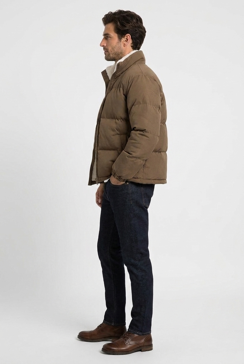 Arthur men's fleece-lined puffer jacket in brown, side view