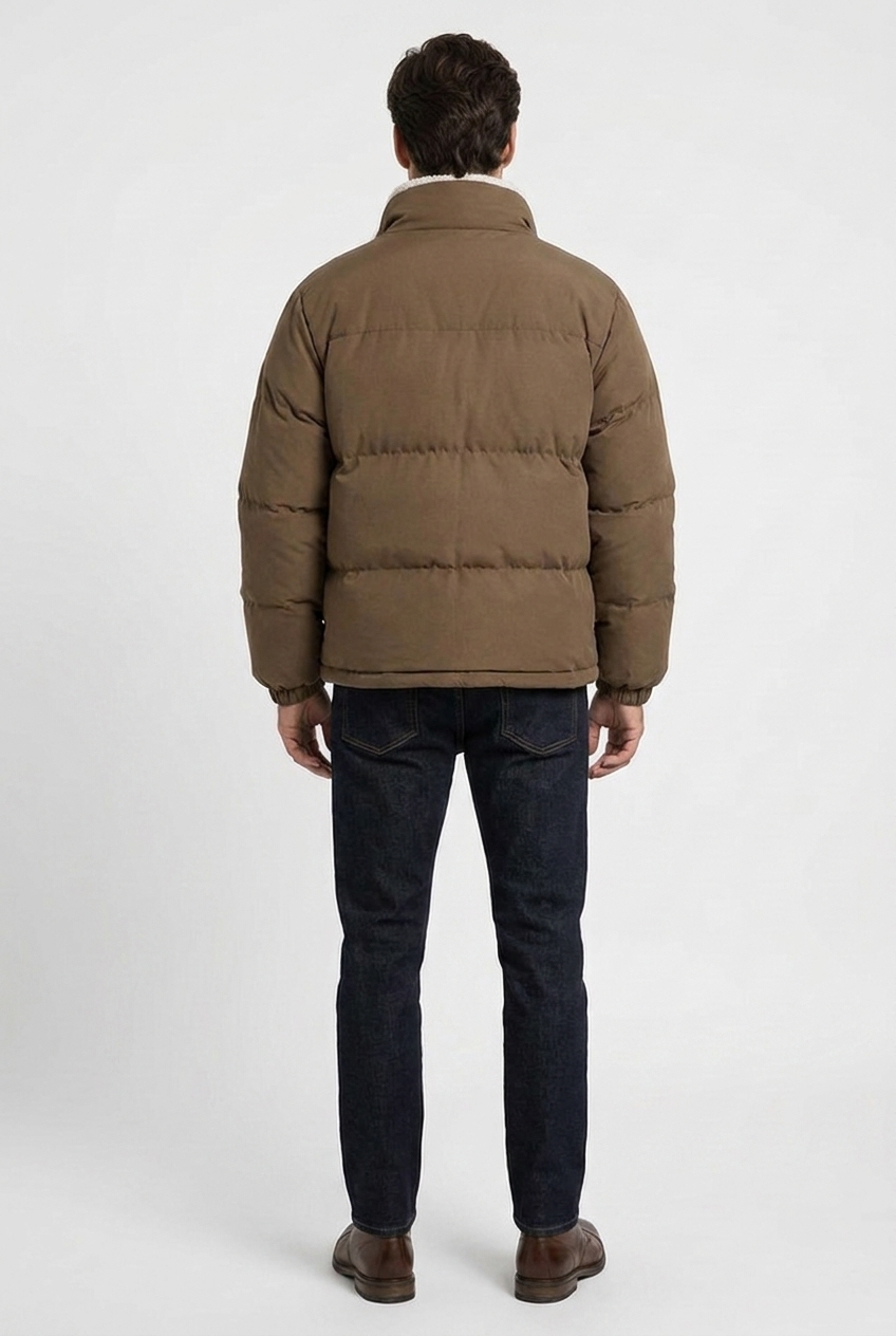 Arthur men's fleece-lined puffer jacket in brown, back view