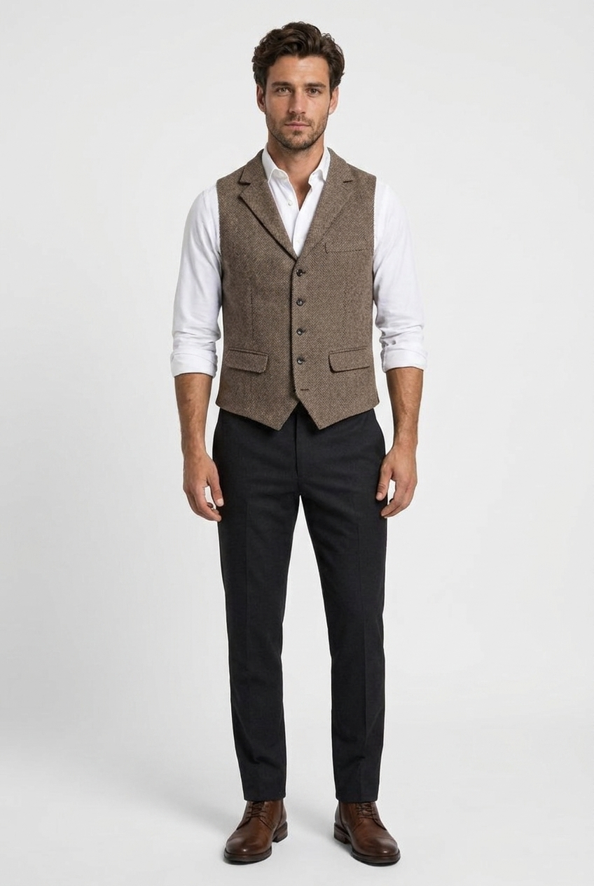 Edward men's herringbone tweed waistcoat in brown, front view