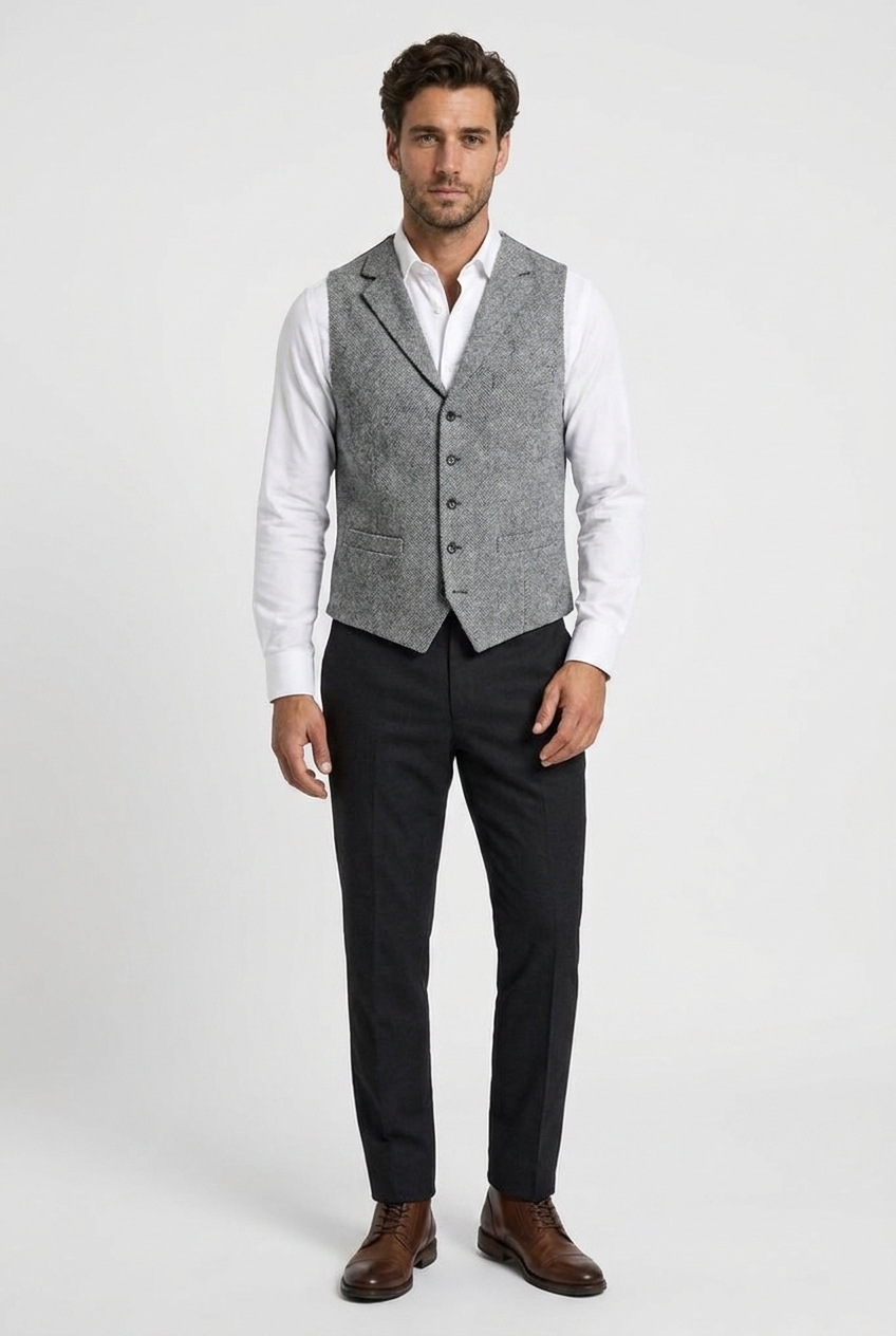 Edward men's herringbone tweed waistcoat in grey, front view