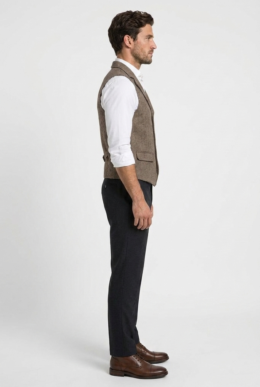 Edward men's herringbone tweed waistcoat in brown, side view