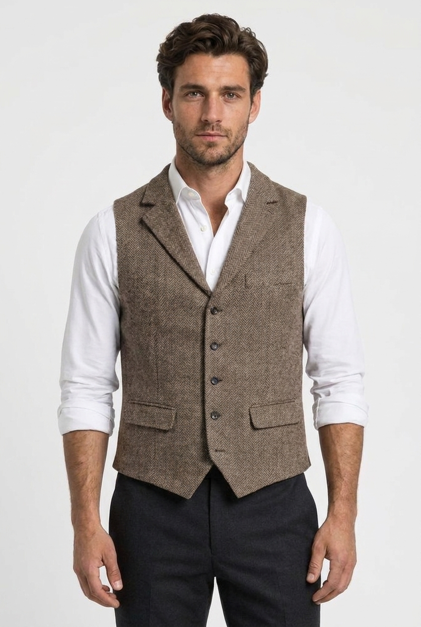 Edward men's herringbone tweed waistcoat in brown, closeup view