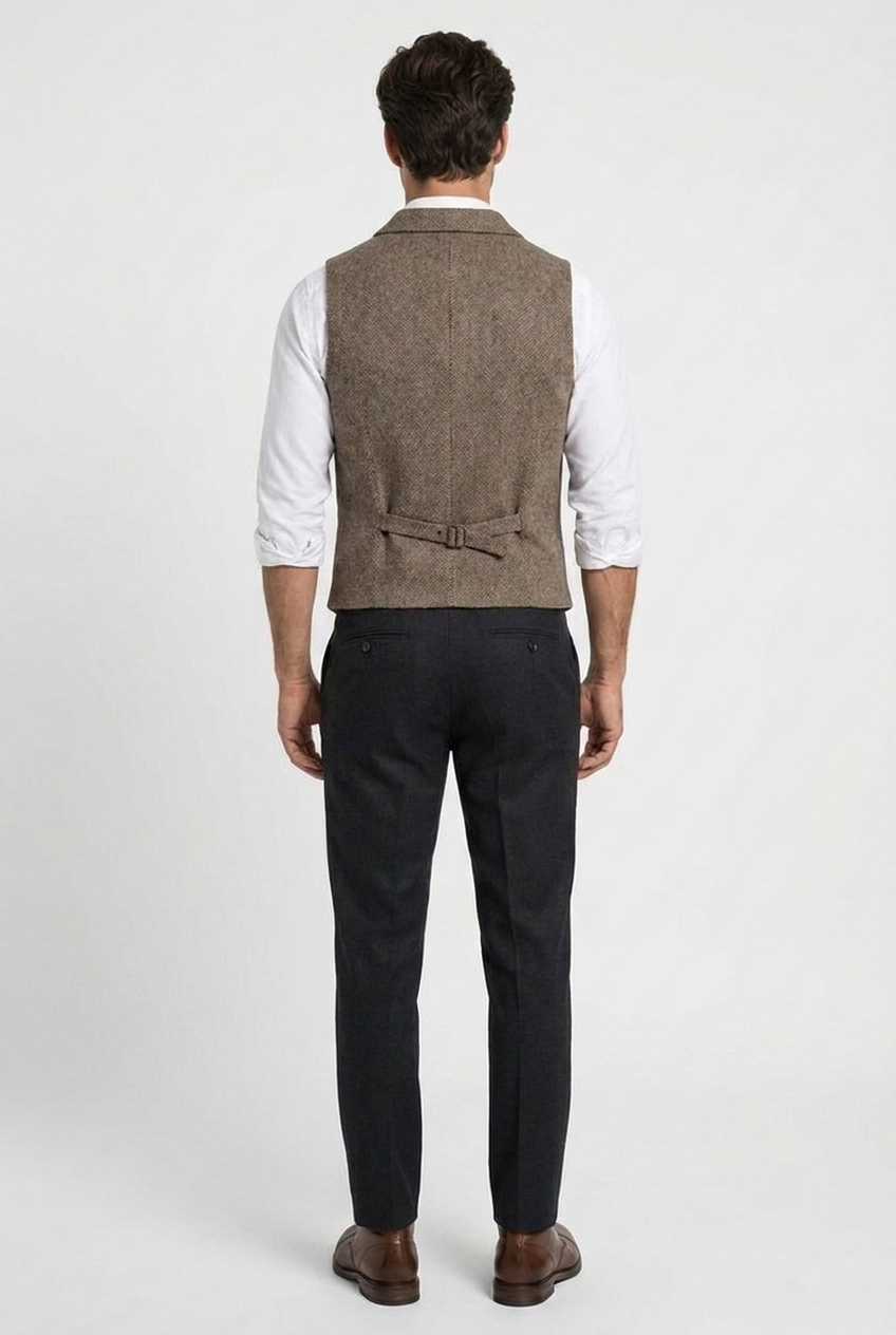 Edward men's herringbone tweed waistcoat in brown, back view