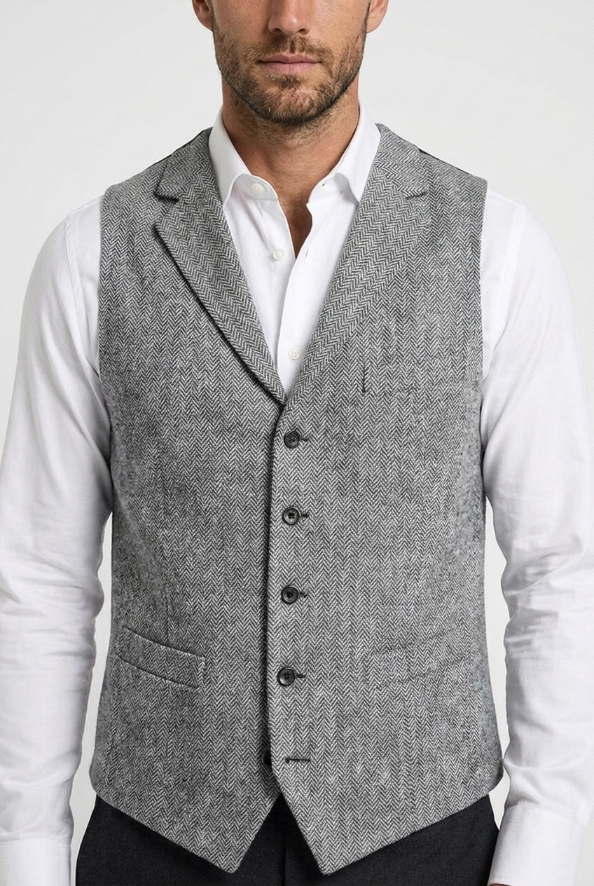 Edward men's herringbone tweed waistcoat in grey, closeup view