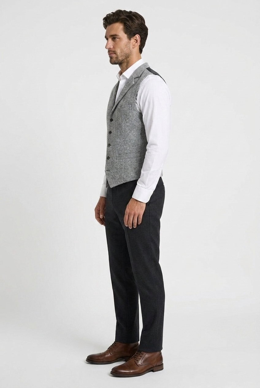 Edward men's herringbone tweed waistcoat in grey, side view