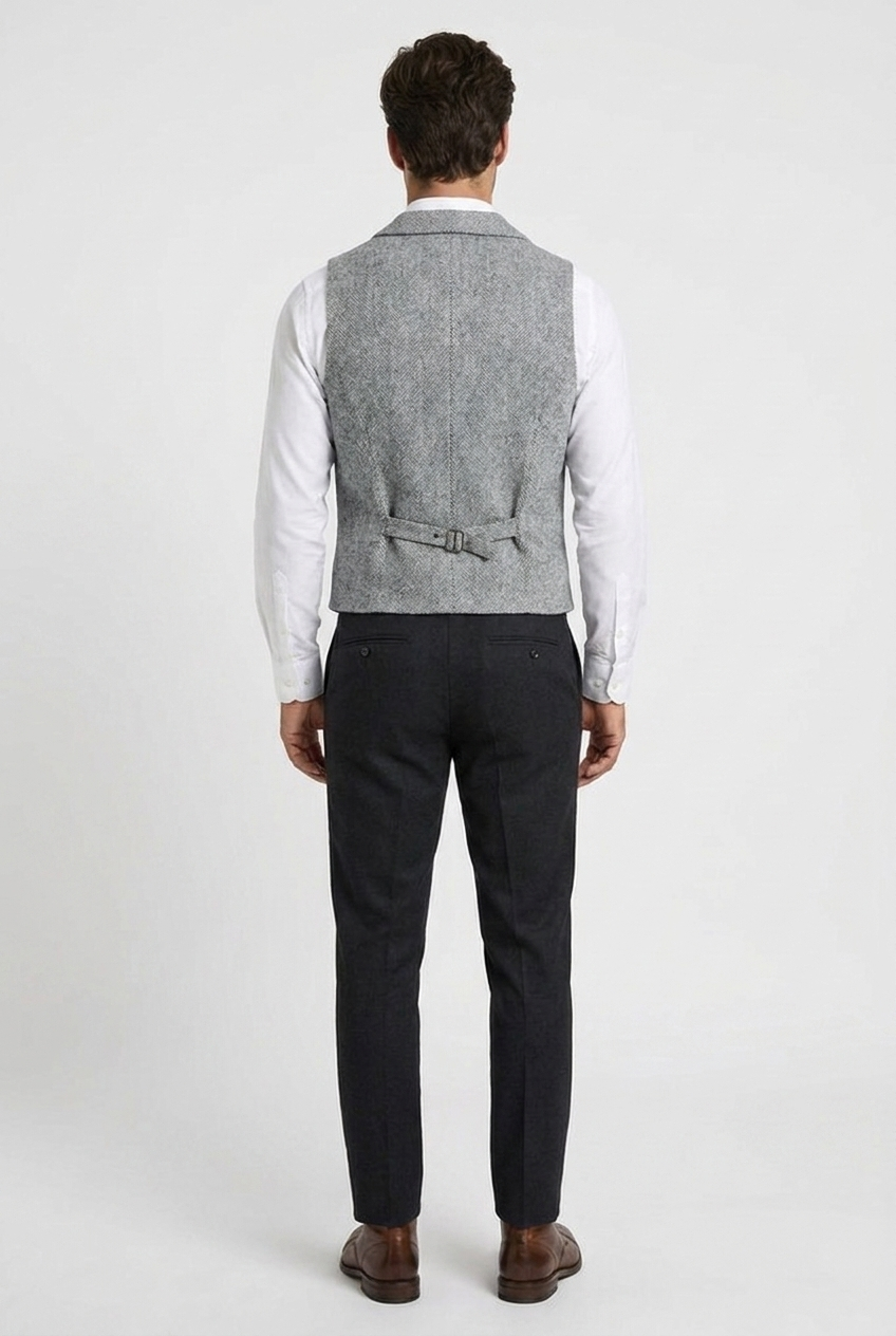 Edward men's herringbone tweed waistcoat in grey, back view