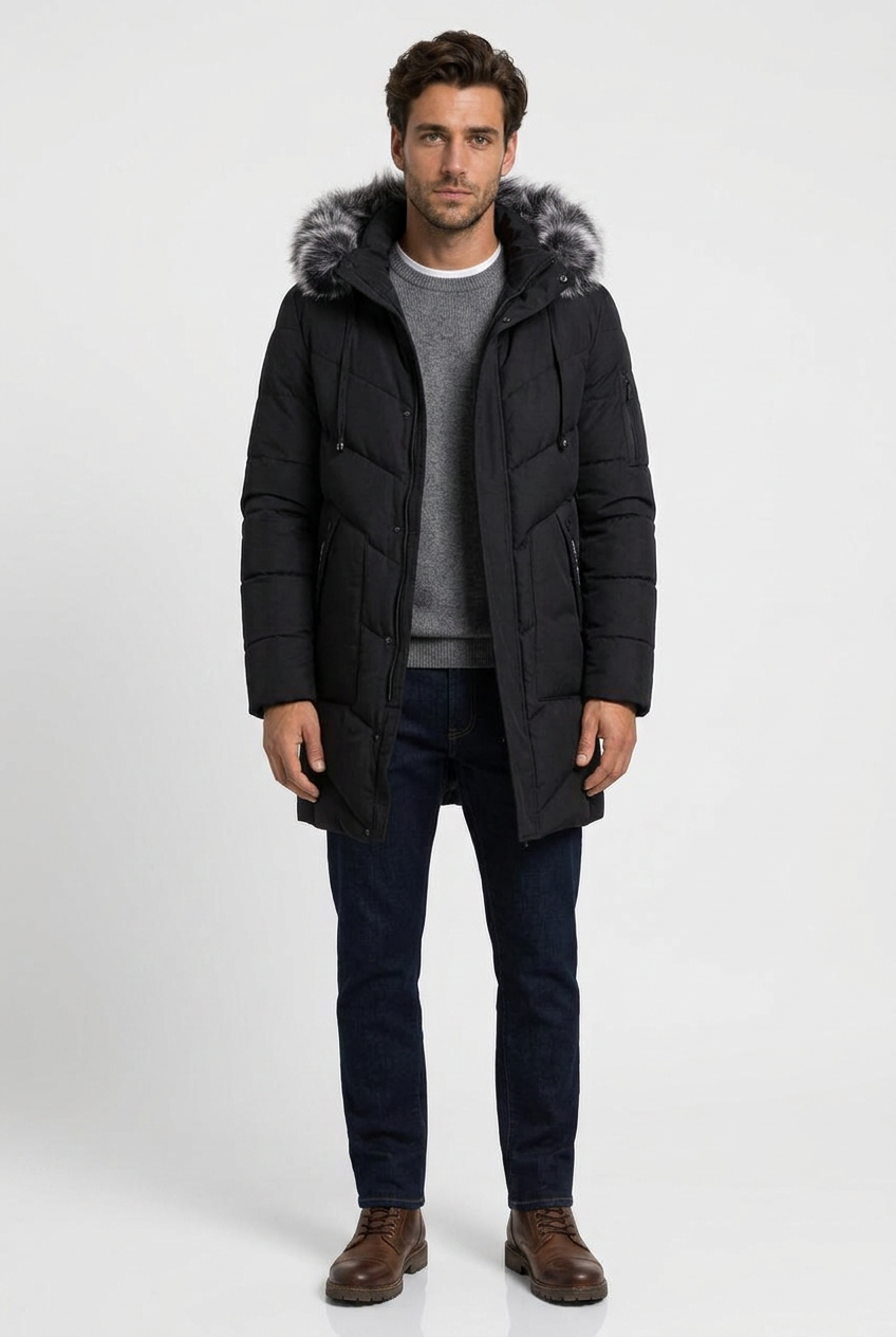 Ryan men's hooded padded winter parka in black, front view