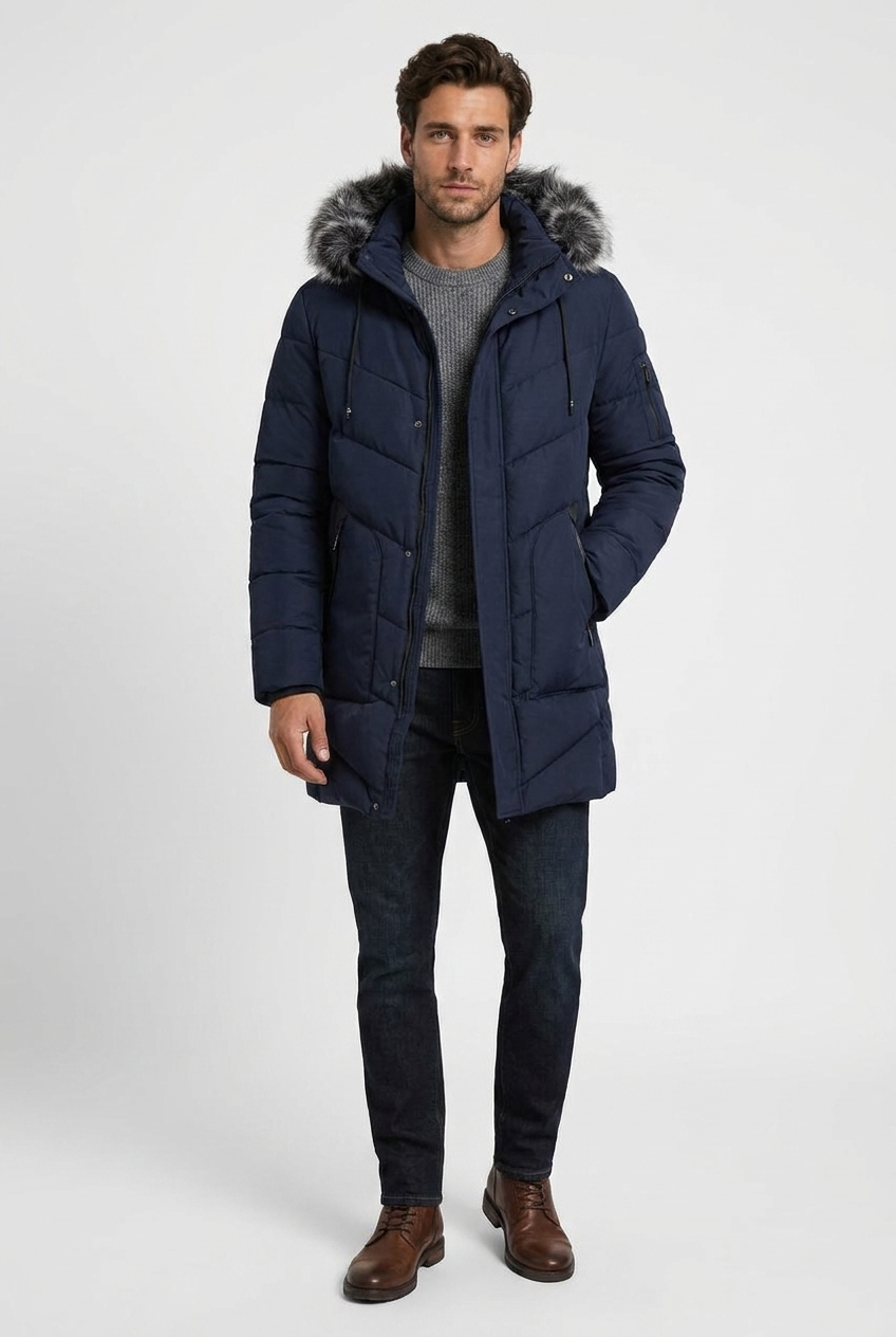 Ryan men's hooded padded winter parka in navy, front view