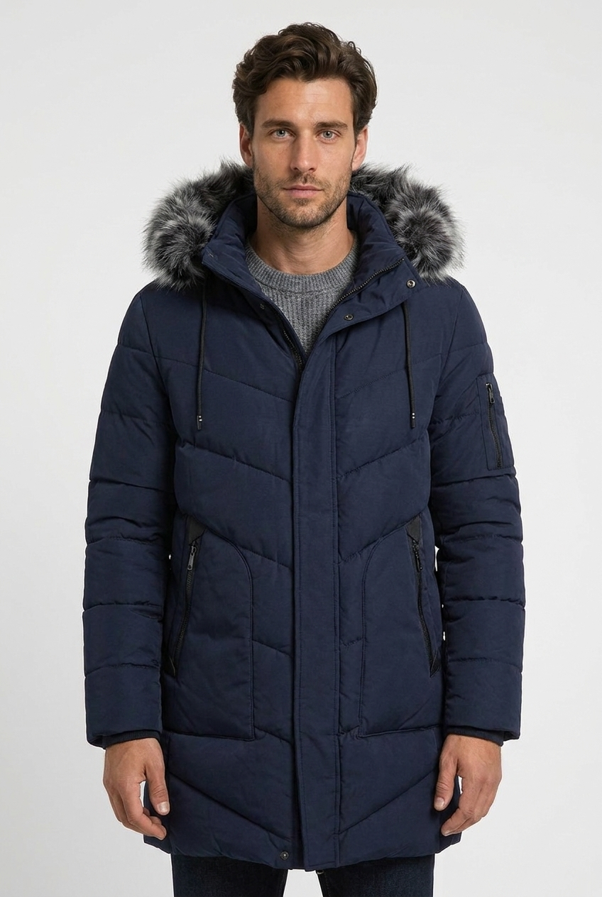 Ryan men's hooded padded winter parka in navy, closeup view