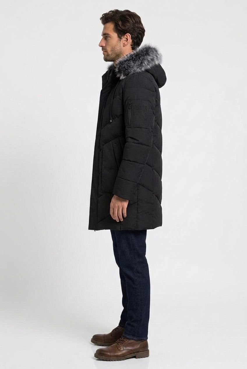 Ryan men's hooded padded winter parka in black, side view