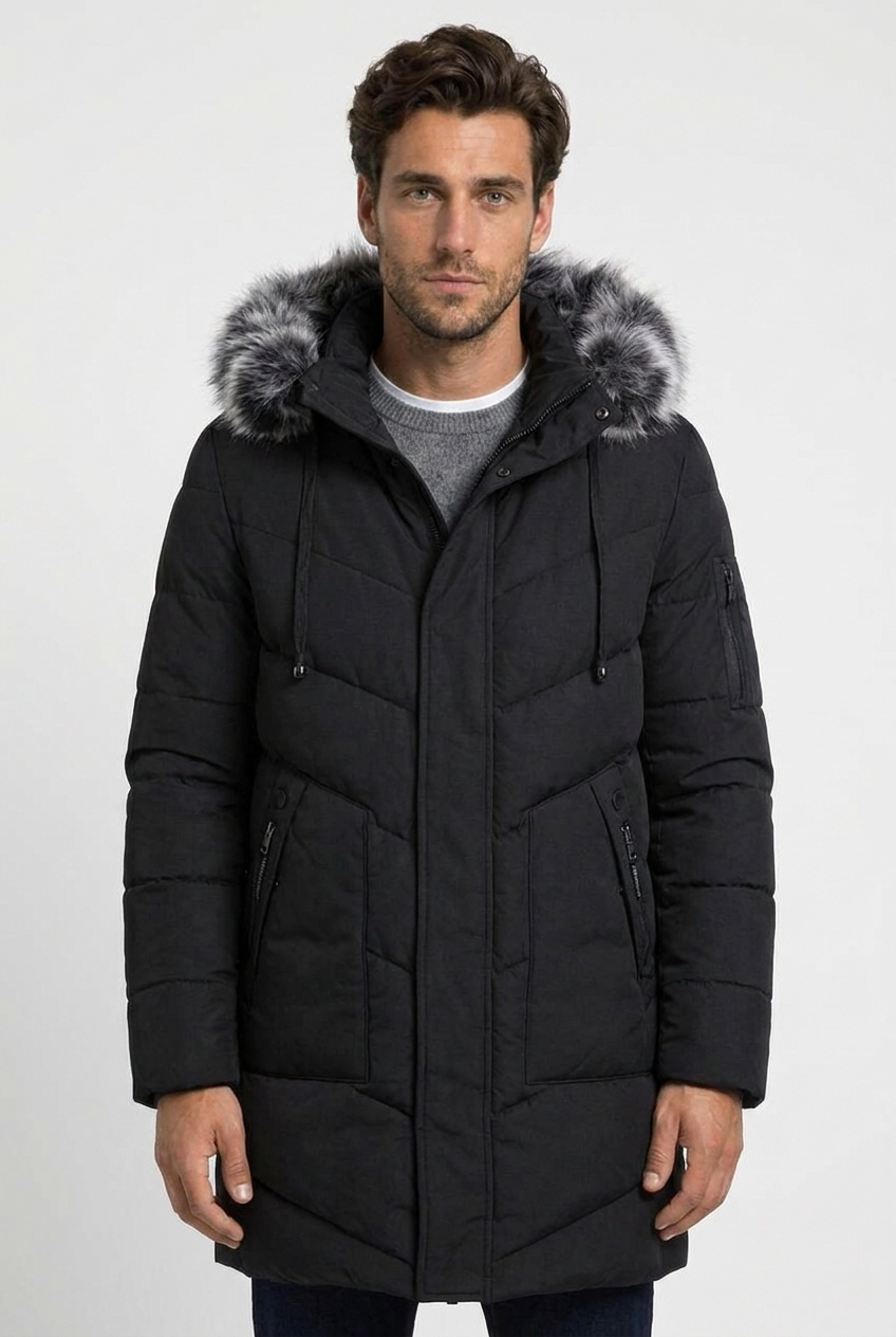 Ryan men's hooded padded winter parka in black, closeup view