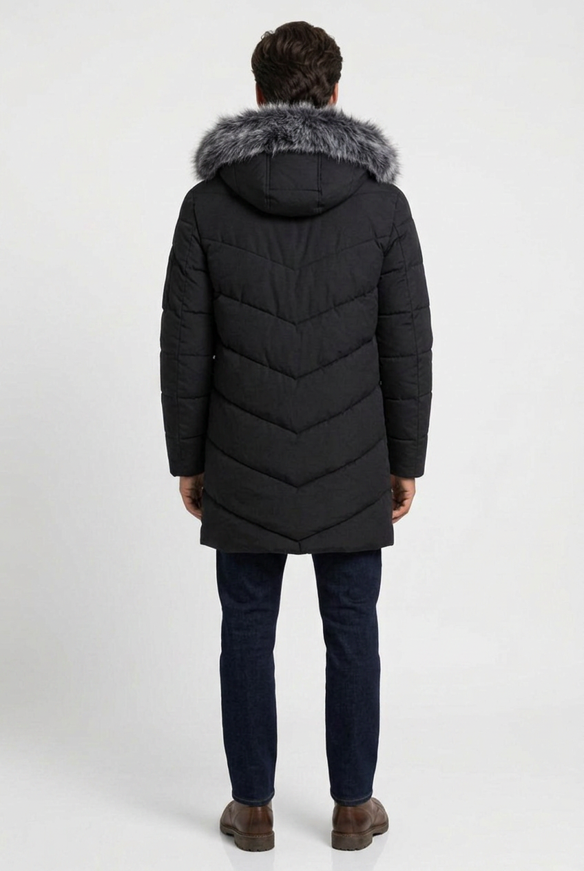 Ryan men's hooded padded winter parka in black, back view