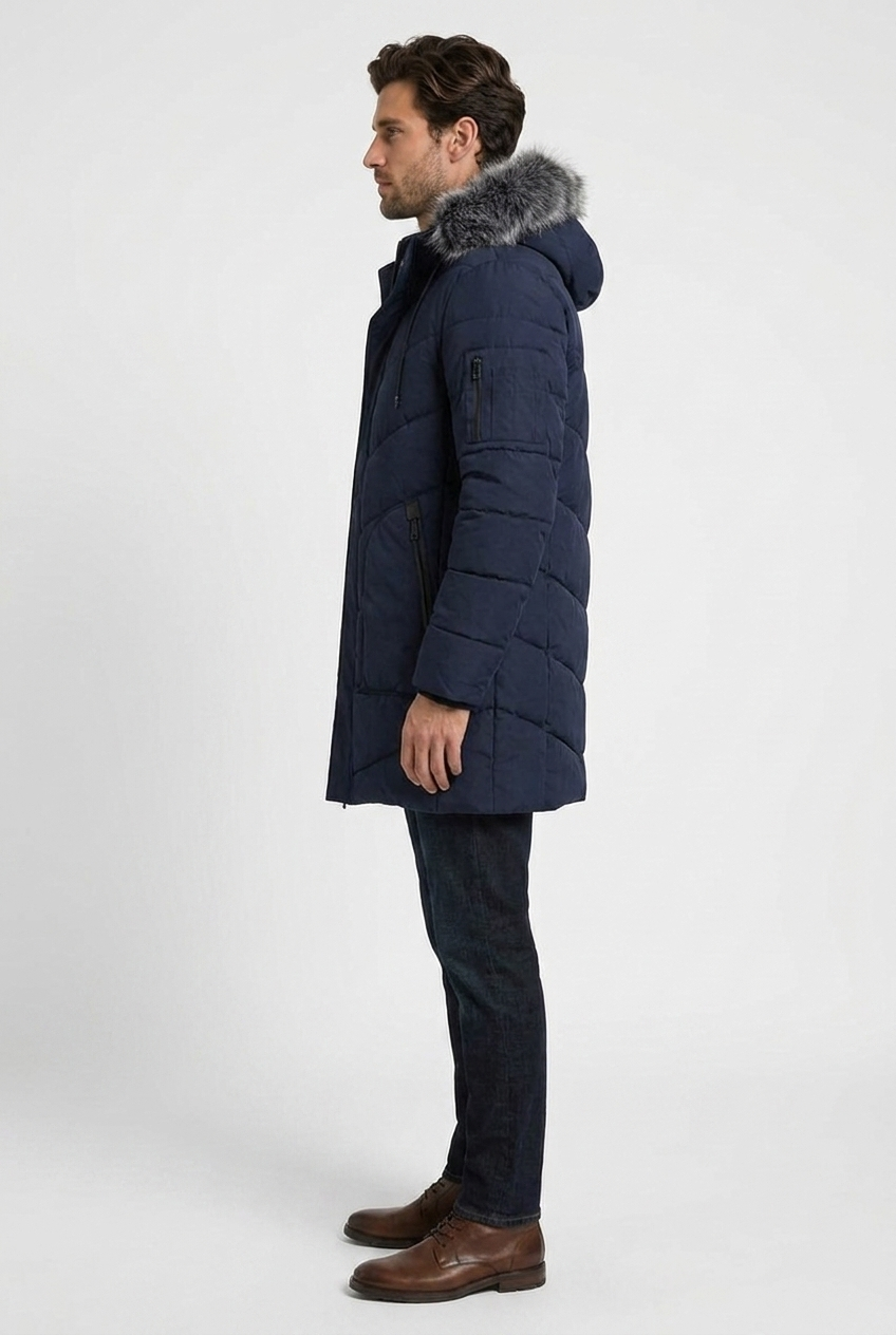 Ryan men's hooded padded winter parka in navy, side view