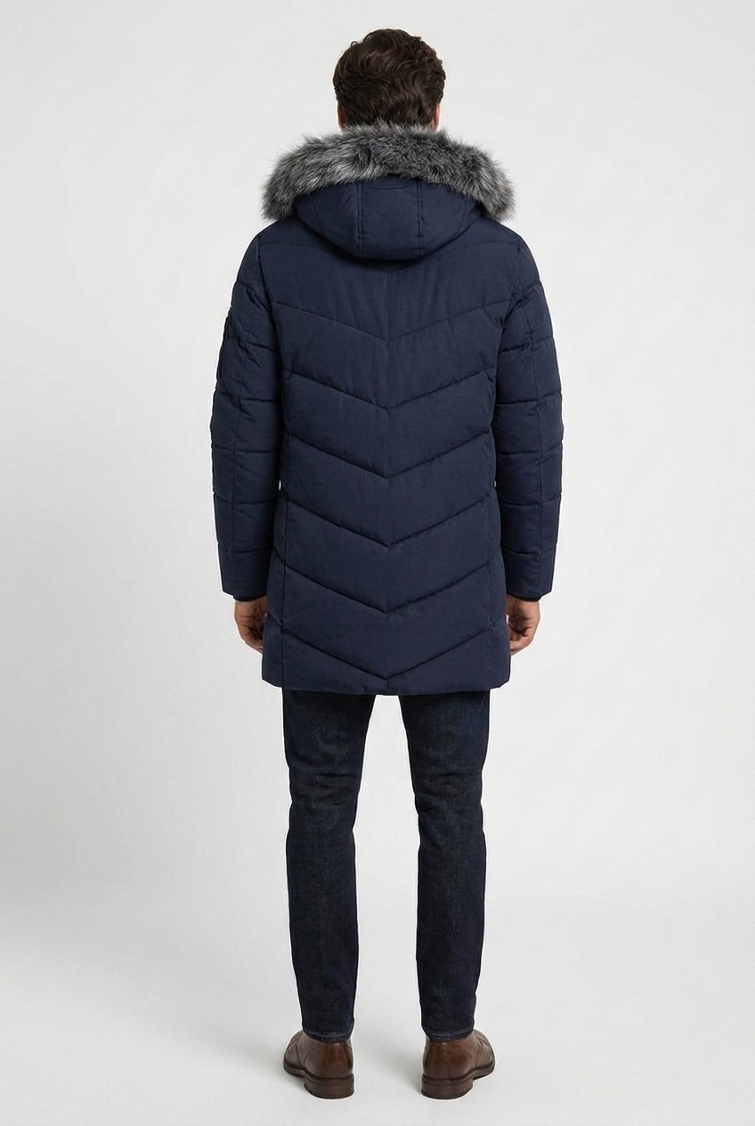 Ryan men's hooded padded winter parka in navy, back view