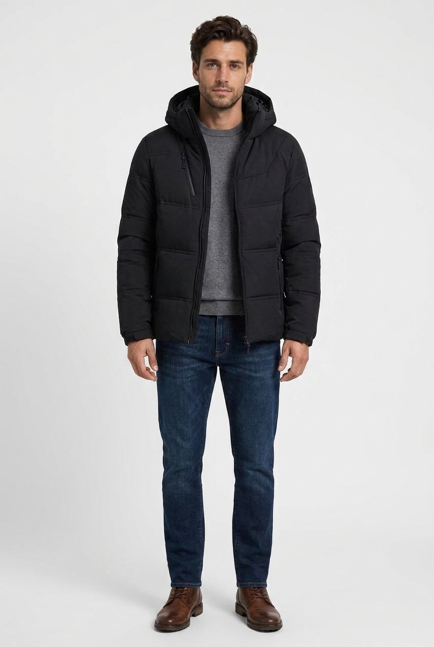 Felix men's padded down winter jacket in black, front view