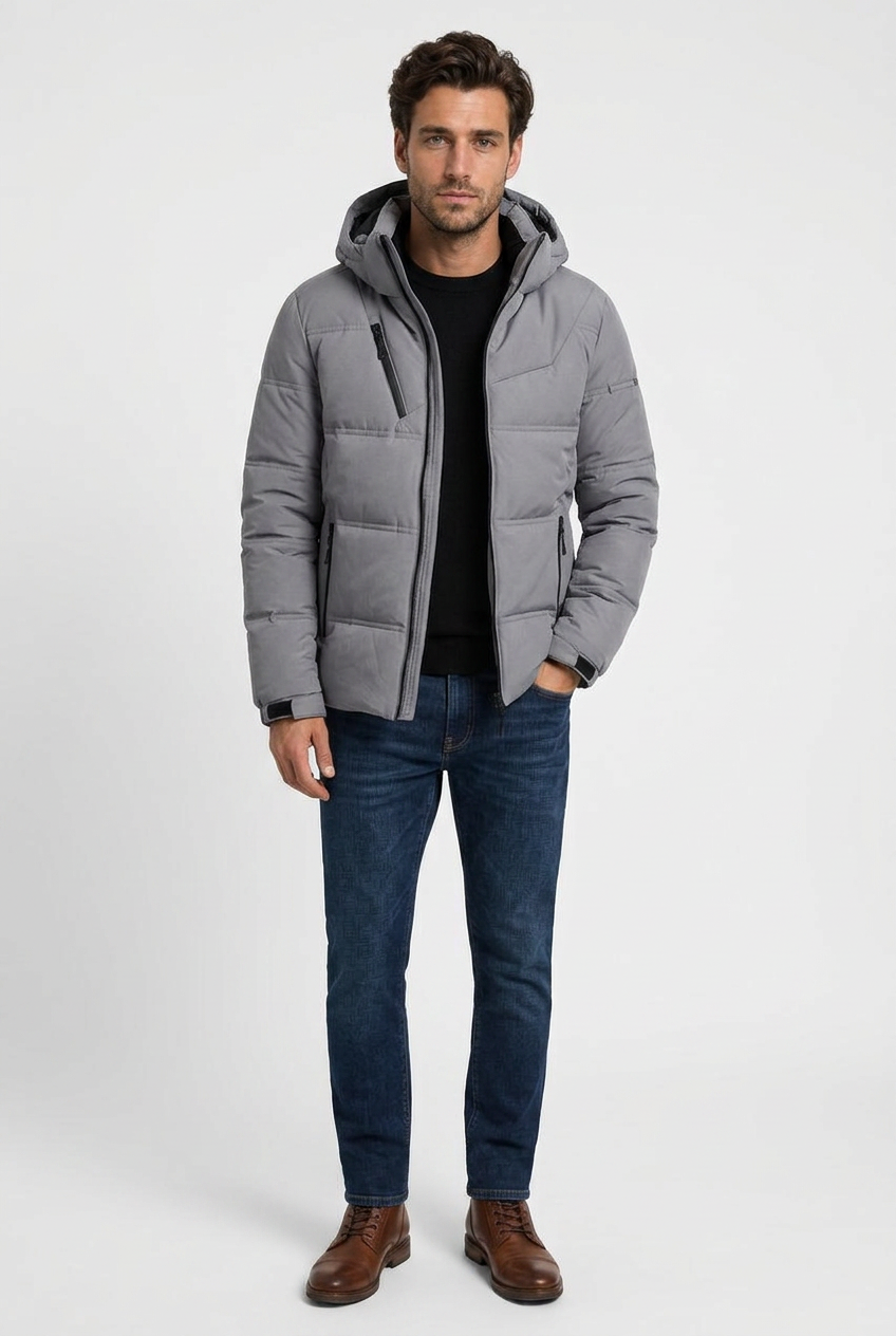 Felix men's padded down winter jacket in grey, front view