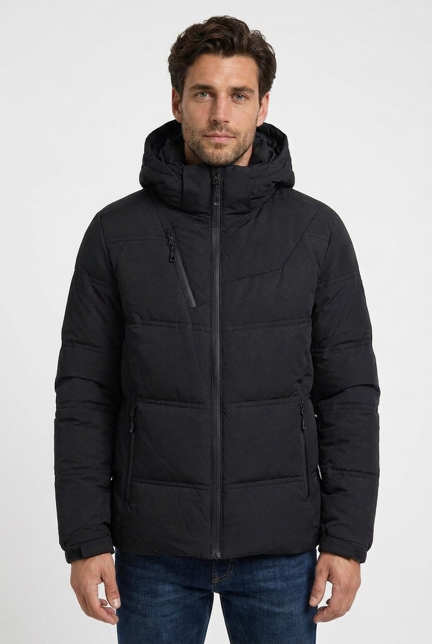 Felix men's padded down winter jacket in black, closeup view