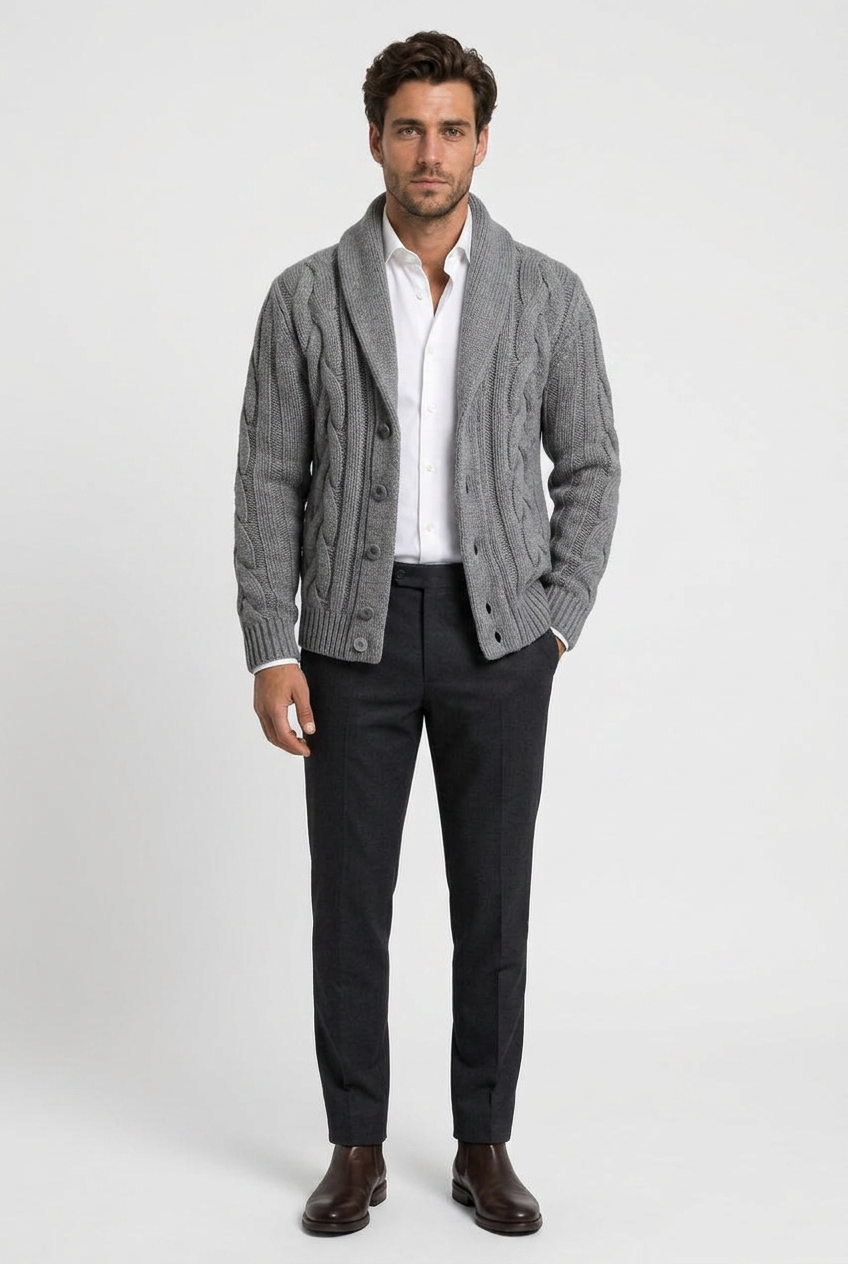 Kevin men's cable-knit shawl-collar cardigan in grey, front view